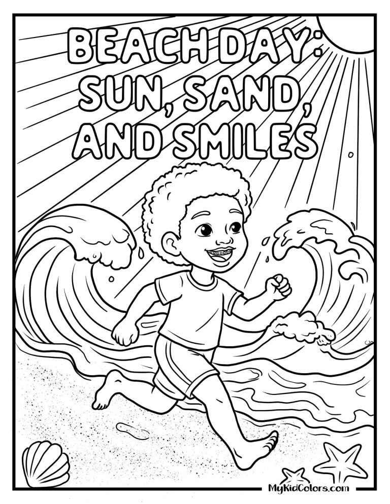 15 Free Beach Coloring Pages With Real Kids in the Sun, Sand, and Surf