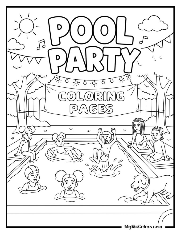15 Free Pool Party Coloring Pages Where the Kids in the Water Look Like Yours